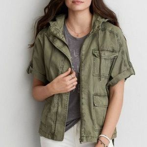 American Eagle Oversize S/S Army Olive Green Hooded Military Utility Jacket - M